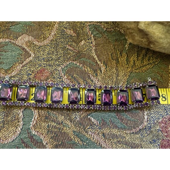 Vintage Purple Rhinestone Bracelet With Rectangular & Round Stones Gold-Tone - Picture 3 of 7